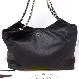 Vintage Prada Soft Calfskin Black Leather Chain Tote Bag